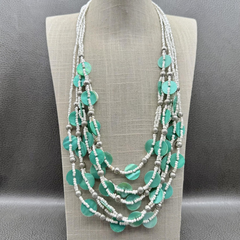 Chicos Necklace White Seed Beads Silver Tone‎ Green Disc Shell Boho Layered 26"